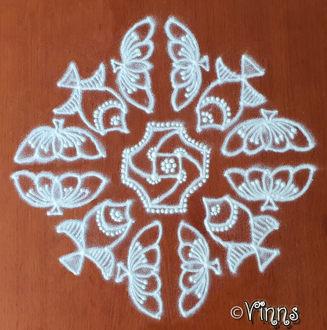14 Dots Fish and Lotus Flower Kolam || Muggulu ||Rangoli