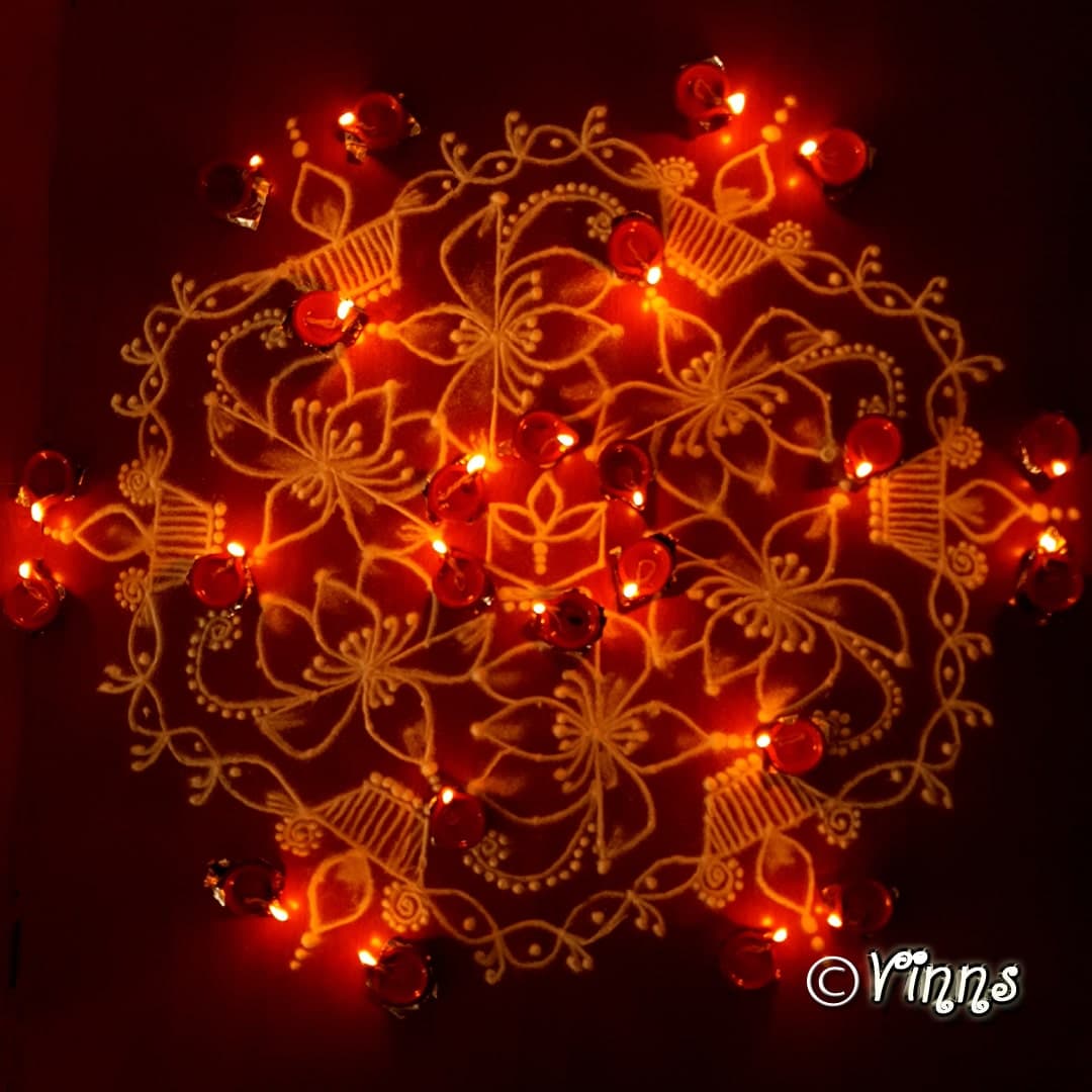 Thirukarthigai 15 dots Lotus and Vilakku Kolam